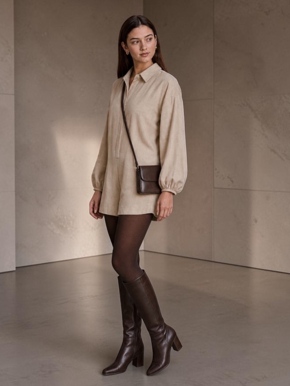 Gianni Bini Khaki Linen Romper | Long Sleeve Button Front | Minimalist Neutral